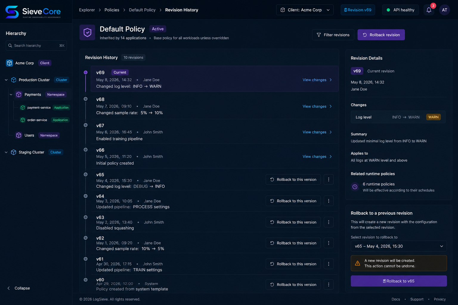 SieveCore revision history showing complete audit trail of policy changes with actor, timestamp, and diff